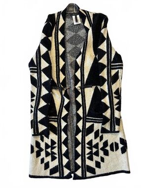 BCBG Max Azria Aztec Geometric Black Cream Knit Open-Front Cardigan Coat Size M